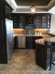 Espresso Cabinets Light Granite Countertops Marbled Tile Flooring Kitchen Remodel Small Kitchen Design Small Modern Kitchen