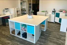 Craft Table Made From Ikea Cubes Table Tops We Created The Center Island With 2 Kallax Units And 2 T Craft Table Ikea Desk Drawer Organisation Cube Storage