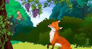 The bunch hung from a high branch, and the fox had to jump for it. Sweet Grapes Katha Kids