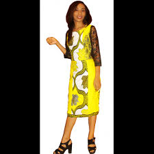 Robe manche 3 4 dentelle. Robe En Pagne Africain Hitarget Deux Tons Jaune Manche 3 4 En Dentelle Noir Taille L