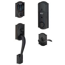Schlage Connect Camelot Aged Bronze Touchscreen Left Handed Deadbolt With Alarm And Handleset With Accent Interior Leve Smart Deadbolt Schlage Smart Door Locks