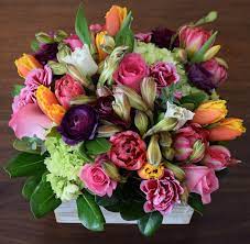 Flower Arrangement In A Wooden Box With Lots Of Florals Tulips Hydrangeas Ranunculus Ro Fresh Flowers Arrangements Flower Arrangements Spring Arrangements