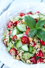 It was a great quinoa salad i used low sodium chicken broth instead of water add red & green peppers w/the cucumber and follow the recipe my son made an omelete and stuffed it w/ the salad. Mint Tomato Quinoa Salad The Saucy Fig