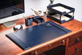 The prices are affordable and the construction durable to last a long time. Navy Blue Bonded Leather Desk Set 8pc Leather Desk Leather Desk Accessories Desk Organizer Set