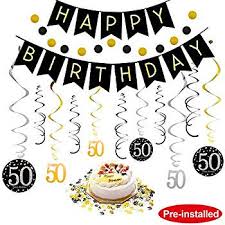 No physical posters or signs 50th Birthday Decorations Kit For Men Women 50 Years Old Party No Assembly Required Black Gold Happy Birthday Banner Hanging Swirls Circle Dots Hanging Decoration Number 50 Table Confetti