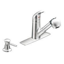 Moderately priced moen kitchen faucet with spot resist™ stainless finish and nozzle cleaning power spray technology. Moen Integra Chrome One Handle Low Arc Pullout Kitchen Faucet 87315 Csd Uec