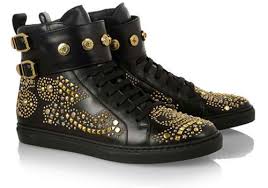 Black And Gold High Tops Versace Studded Leather High Top Sneakers In Black Gold Studded Sneakers Leather High Tops Versace Shoes