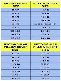 pillow insert sizes chart photos table and pillow