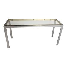 20th Century Minimalist Chrome And Glass Parsons Console Table With Brass Accents Glass Console Table Console Table Polished Chrome