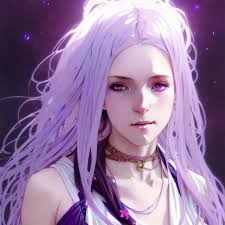 anime girl with flowing lavender hair, purple eyes and
