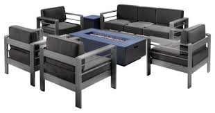 Seat up to 6 people with our patio furniture collection including outdoor sectionals, benches, chaise lounges & more. Gdf Studio 7 Piece Coral Bay Outdoor Gray Aluminum Sofa Chat Set With Fire Table Contemporary Outdoor Lounge Sets By Gdfstudio 301785 Houzz