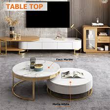 Wood coffee table with adjustable lift top table. Amazon Com Homary White Round Coffee Table With Storage White Faux Marble Nesting Coffee Table With Rotatable Drawers Kitchen Dining