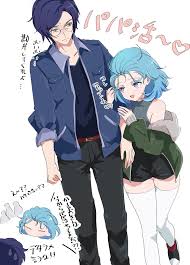 repikawarepi, lieserl albert einstein, welt joyce, honkai (series), honkai  impact 3rd, highres, 1boy, 1girl, :d, bare shoulders, belt, black pants,  blue eyes, blue hair, blue jacket, blue shirt, casual, closed eyes, closed