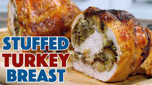 Fold in sides, roll up jelly roll fashion. Stuffed Rolled Turkey Breast Recipe Turkey Roulade With Sausage Stuffing Youtube