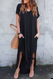 Casual Short Sleeve V Neck Split Sides Plain Maxi Dress With Pockets Pocket Maxi Dress Maxi Dress With Sleeves Cheap Maxi Dresses