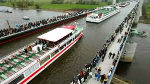 3.the navigable channel is 34 meters wide 4.25 meter deep and enable to barges to carry heavy loads of up to 1350 meter tons. Visitors Watching The Ships Passing From The Magdeburg Water Bridge In Germany