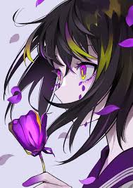 Anime Girls Original Characters Dark Hair Purple Eyes Flowers Petals Crying Profile Hair In Face White Background Simple Back In 2020 Anime Kawaii Anime Kawaii Art