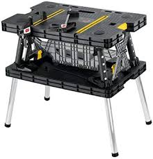 Foldable flameproof steel welding table with adjustable tilt top: Keter 197283 Folding Table Work Bench For Miter Saw Stand Woodworking Tools And Accessories With Included 12 Inch Wood Clamps Easy Garage Storage Black Yellow Workbenches Amazon Com
