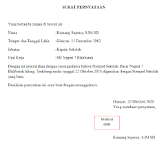 Biasanya surat pernyataan ditulis oleh seseorang untuk dirinya atau untuk orang berikut ini adalah contoh surat pernyataan kerja yang bisa jadi referensi anda. Contoh Surat Pernyataan Penggantian Stempel Sekolah Karena Hilang Diary Guru