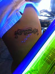 Harry Potter Marauders Map Tattoo With Uv Ink Foot Prints Placement On Upper Thigh Artist Ink D By Coleman Inkdb Inspirational Tattoos Uv Tattoo Map Tattoos