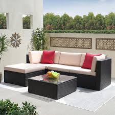 Costway 55'' patio rattan dining table acacia wood table top umbrella hole. Furniwell 5 Pieces Patio Furniture Set All Weather Outdoor Sectional Couch Rattan Garden Small Patio Conversation Set With Glass Table