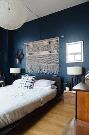Bedroom Wall Decoration With Beautiful Macrame Against Dark Blue Wall Macrame Ideas Home Decor Blue Bedroom Decor Blue Bedroom Walls Blue Themed Bedroom