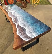 Wooden Slab Table With Ocean Waves Washing Onto Shore Incredible Design Resin Ocean Waves Coffee Table Resin Table Wood Resin Table Resin Furniture