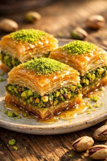 Close-up of perfect diamond-cut baklava pieces with green pistachio garnish showing flaky golden layers