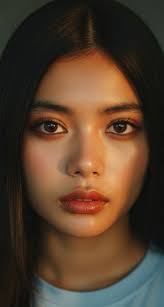 Her sparkling eyes reflect the first sunlight of a new day. Her  honey-colored skin glows like shimmering gold. Full, reddish-brown lips are  captivating. Her long, flowing black hair shines, revealing her flawless