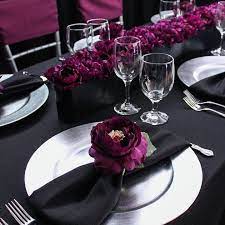 Black And Plum Wedding Black And Silver Table Decor Wood Wedding Table Decoration In Candle And Purple Lighting Table Decorations Wedding Table Silver Table