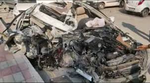 Two people died after a Mercedes car rammed into a truck in Delhi Cantonment area in the early hours of Saturday, 2022-02-19. Police rushed to the spot after being informed about the