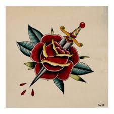 A Small Traditional Rose And Dagger Watercolor Tattoo Flash Painting On Watercolor Paper Rose And Dagger Traditional Rose Tattoos Traditional Ink Finished with mate varnish and back pin attached with very strong glue! dagger watercolor tattoo flash painting