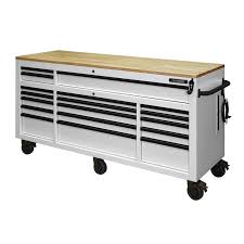 Husky 72 In 18 Drawer Mobile Workbench With Adjustable Height Solid Wood Top In Matte White Holc7218bt1m The Home Depot In 2020 Mobile Workbench Workbench Tool Storage