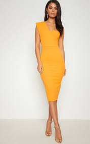 Yellow One Shoulder Draped Midi Dress Cocktail Attire For Women Draped Midi Dresses Classy Dress