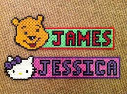 James Winnie The Pooh And Jessica Hello Kitty Hama Bead Name Tags Hama Beads Design Perler Beads Diy Perler Beads
