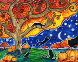 Shelter 8x10 Colorful Autumn Black Cats Moon Star Print Art Halloween Art Cat Art