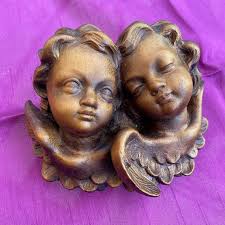 Vintage Italian Pair of Stained Wood Angel Heads in One Piece, Val Gardena 