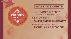 We accept turkeys and hams and desserts, warm clothing for thanksgiving, and unwrapped toys for christmas, she said. Today Donate To Turkey Tuesday To Help Feed Arizona Families For Thanksgiving 12news Com