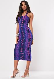 Blue Snake Print Halterneck Bodycon Midi Dress Midi Dress Bodycon Dresses Bodycon Midi