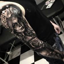 They're usually quite colorful, as well, but it doesn't have to be this way. Mexican Sugar Skull Sleeve Skull Sleeve Tattoos Skull Girl Tattoo Best Sleeve Tattoos