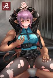 tosaka (tosaka0001), sideroca (arknights), arknights, 1boy, 1girl, angry,  animal ears, bars, bdsm, belt, blush, bondage, bound, breast grabbed from  behind, breasts, clothed female nude male, clothes lift, grabbing from  behind, horns, jacket,