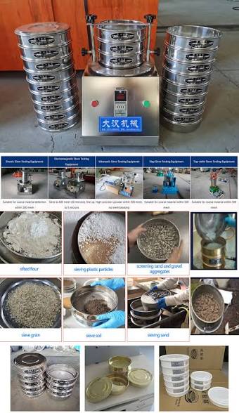 Sieve testing equipment is used to determine material gradation (the size  distribution of material particles in a given sample) to determine  compliance with design, production control requirements and validation  specifications. Screen diameter: