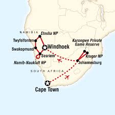 This map of namibia shows the major attractions, cities and towns scattered across this vast country situated in the south west of africa, bordering south africa, angola and botswana with the finger of the caprivi strip touching zambia and zimbabwe. Map Of The Route For Cape Town Kruger Namibia Africa Vacation Safari Travel South Africa Travel