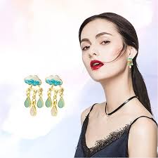 Cute Cloud & Rain Earrings Designed Oil Painting Earrings with Silver Pin