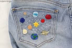 Men embroidery patch design stretch slim fit ripped casual denim. Diy Space Embroidered Denim Jeans Pocket Denim Embroidery Embroidery Jeans Diy Embroidery