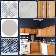 It's no secret that blue colorways are trending for kitchens. Kitchen Inspiration Honey Oak Cabinets And Hale Navy Blue Gray Tile Counters Honey Oak Cabinets Blue Kitchen Walls Oak Cabinets