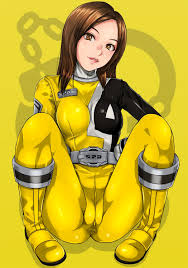 sakuradou, reimon marika, super sentai, tokusou sentai dekaranger,  eyebrows, highres, 1girl, belt, bodysuit, boots, breasts, brown eyes, brown  hair, cameltoe, female focus, full body, gloves, legs, looking at viewer,  matching haireyes, medium