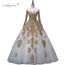 Click To Buy Leeymon Muslim Wedding Dress In Dubai White And Gold Long Sleeves Wedd Quinceanera Dresses Gold Wedding Dress Long Sleeve Gold Wedding Dress