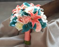 Coral bridal bouquets destination wedding. Coral Bridal Bouquet Etsy