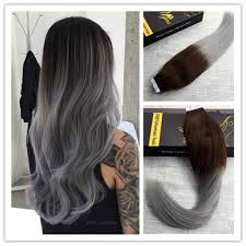 Ombre Dip Dyed Dark Brown To Silver Remy Seamless Tape In Human Hair Extensions Ugea Tape In Hair Extensions Dipped Hair Hair